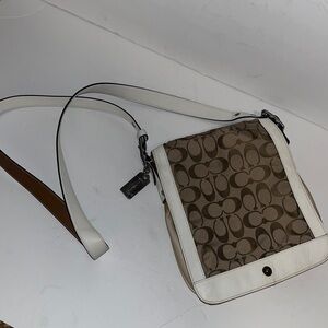 Coach Khaki beige &White cream Signature Canvas , leather & nylon Crossbody bag